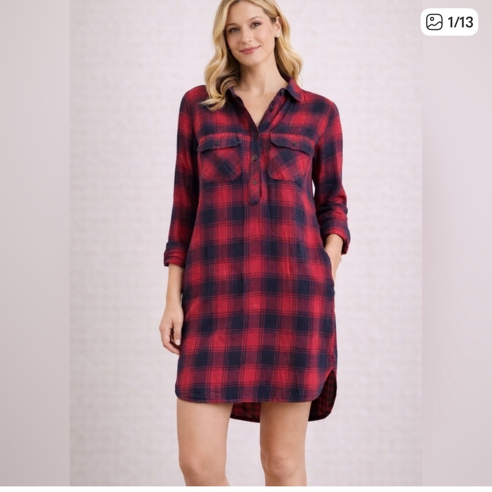 Madewell Red and Black Checkered Long Sleeve Dress